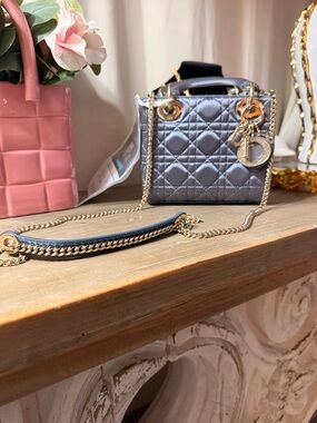 DIOR Satin Cannage Swarovski Crystal Lady Dior-Metallic Gray with Gold Hardware